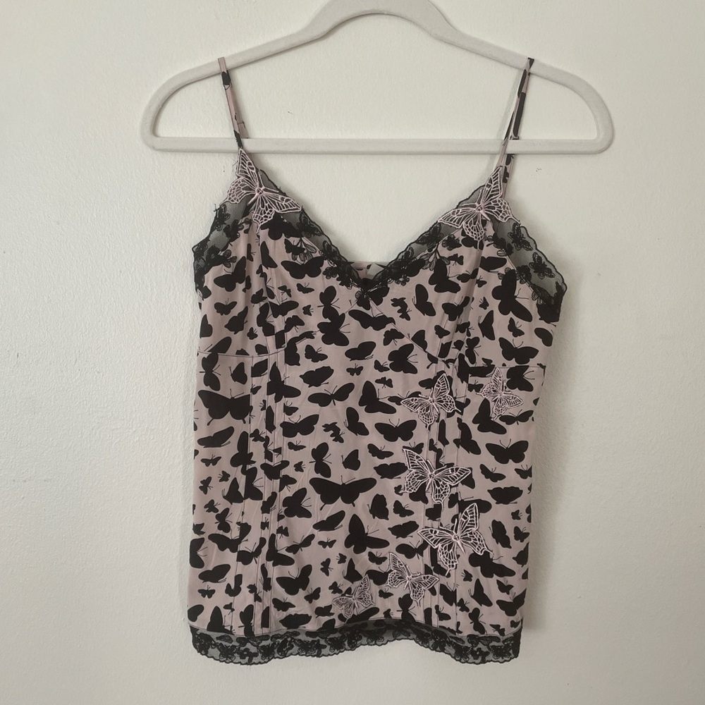 Y2K butterfly pink and black camisole tank top silk Karen millen